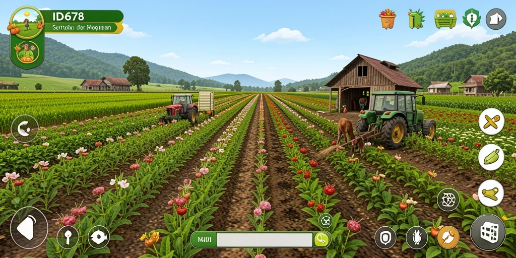 Tangkapan layar gameplay ID678 yang menampilkan kegiatan bertani.
