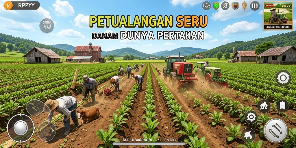 Screenshot gameplay RPYYY menampilkan kebun yang subur dan beragam tanaman.