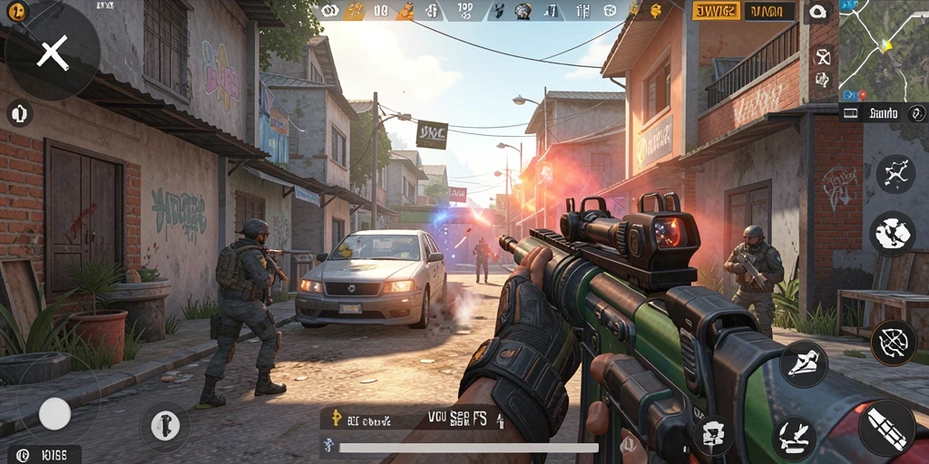 Screenshot aksi gameplay intense VV62 dalam mode FPS.