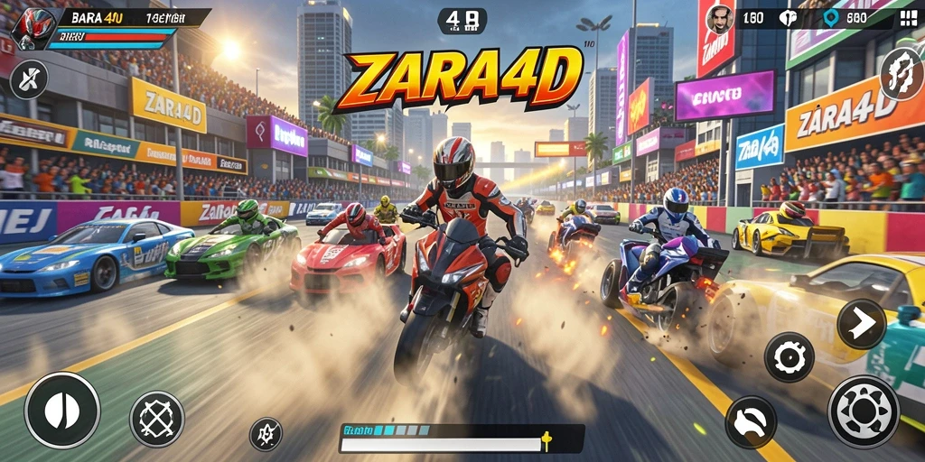 Gameplay ZARA4D menampilkan balapan mendebarkan dengan mobil kencang.